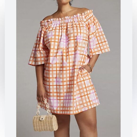 Corey Lynn Calter Anthro Mary Off Shoulder Ruffle Dress Plaid Print Sz MP NEW - Picture 6 of 13